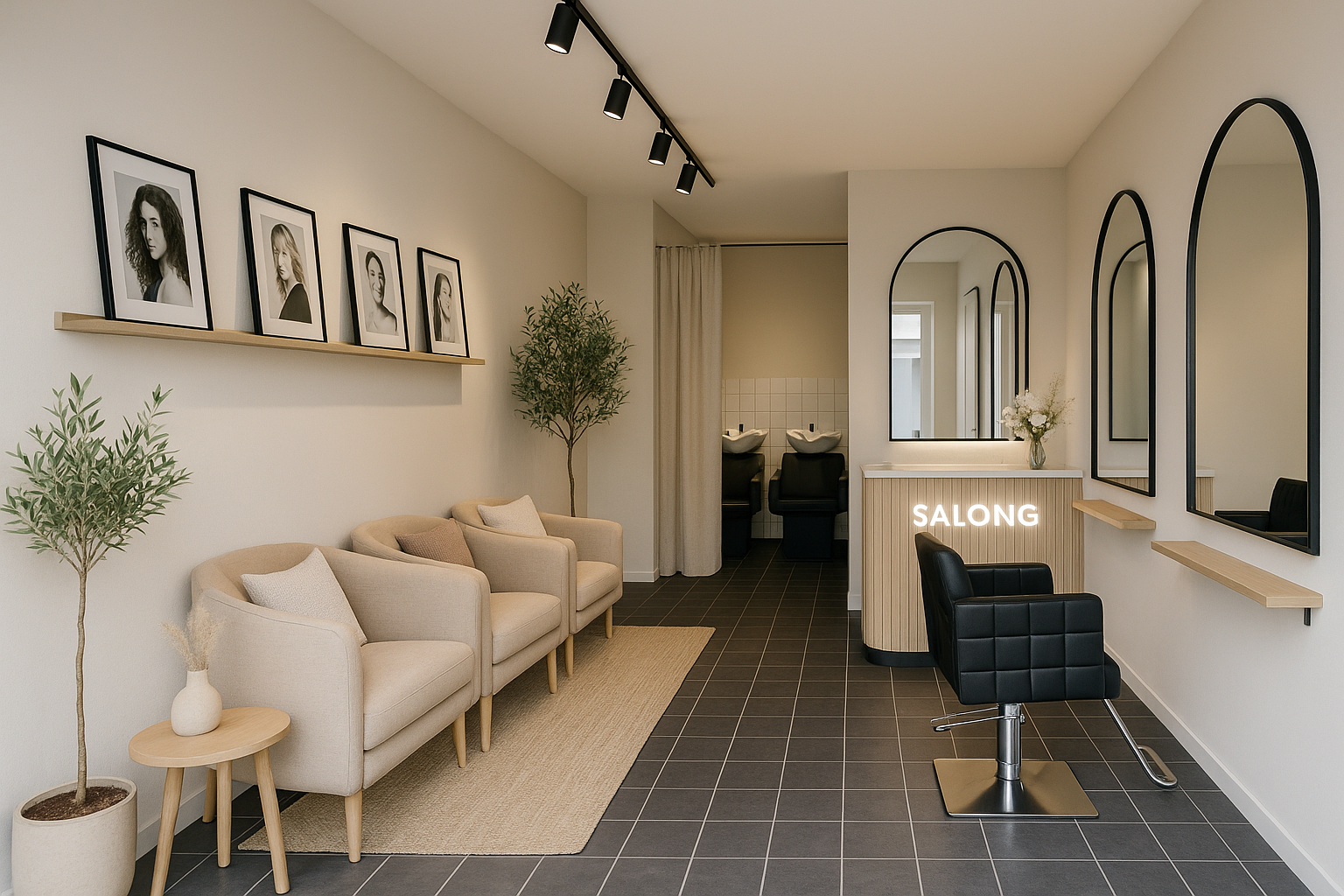 Salong Nikita: lounge i varma toner, svarta bågspeglar och schamponering.